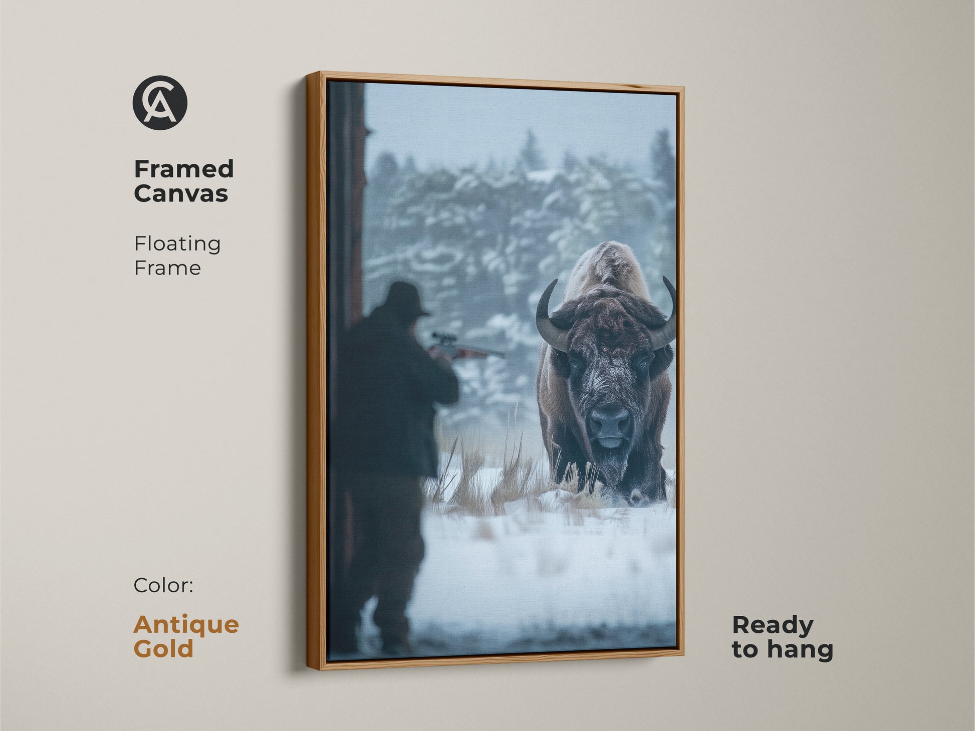 Framed canvas artwork of a hunter aiming at a bison. The antique gold floating frame enhances this wildlife art. Ready to hang this canvas adds sophistication to any room. Perfect for art collectors. This unique piece captures a dramatic moment. Shop now.