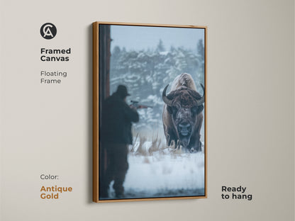 Framed canvas artwork of a hunter aiming at a bison. The antique gold floating frame enhances this wildlife art. Ready to hang this canvas adds sophistication to any room. Perfect for art collectors. This unique piece captures a dramatic moment. Shop now.