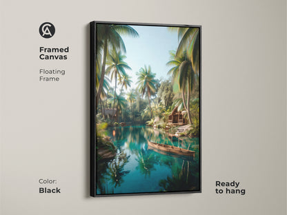 A framed canvas with a floating black frame showcases tropical lake artwork. The art depicts a calm lake with palm trees and a wooden boat. Ready to hang this framed art adds elegance to your decor. The black frame enhances the tranquil scene.