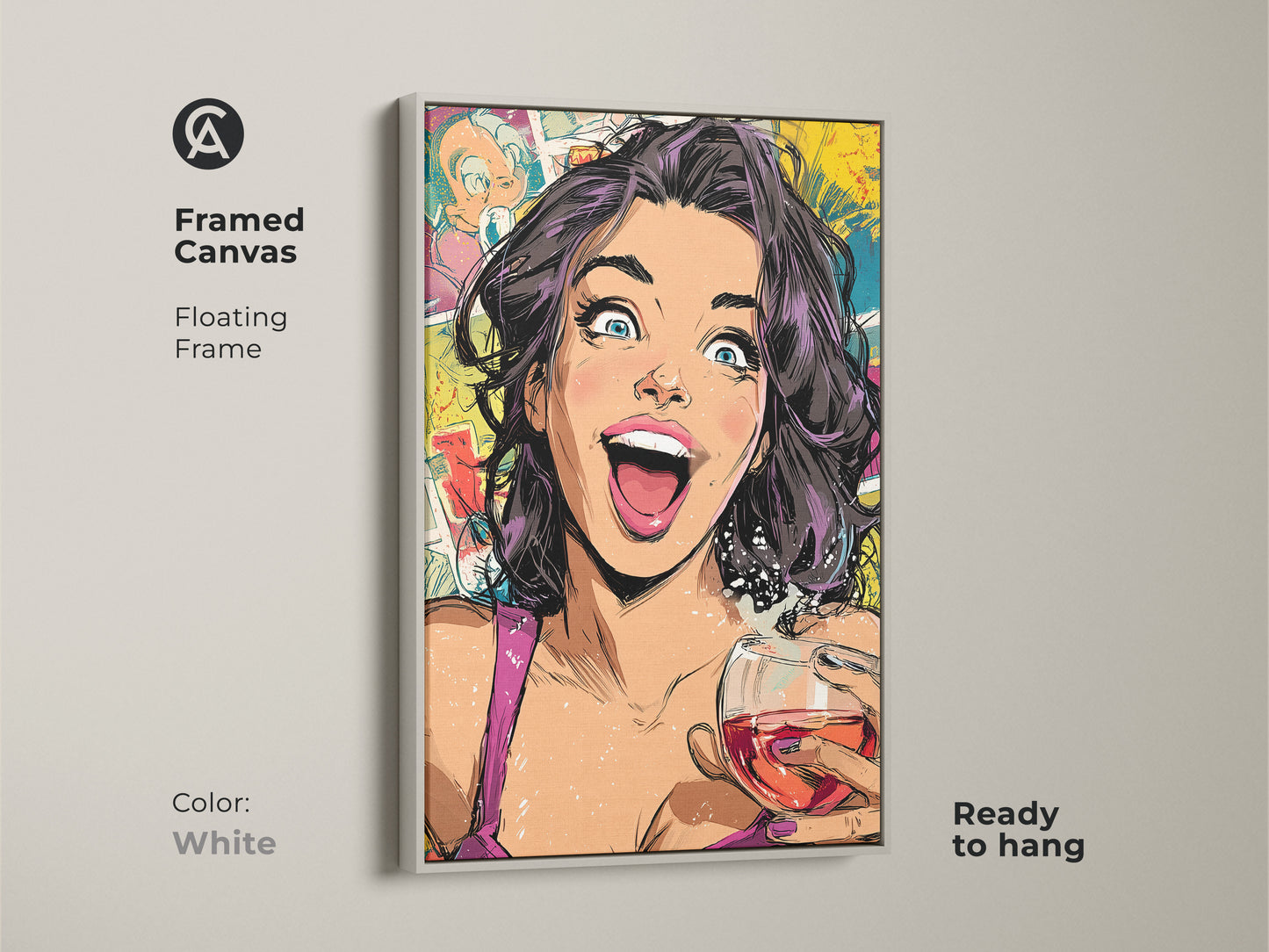White framed canvas showcasing a woman with wine glass in pop art. The modern and vibrant wall decor features colors of yellow pink and teal. Perfect for adding a bold statement to any room. This canvas is ready to hang.