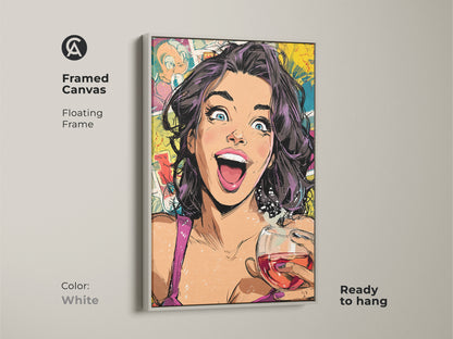 White framed canvas showcasing a woman with wine glass in pop art. The modern and vibrant wall decor features colors of yellow pink and teal. Perfect for adding a bold statement to any room. This canvas is ready to hang.