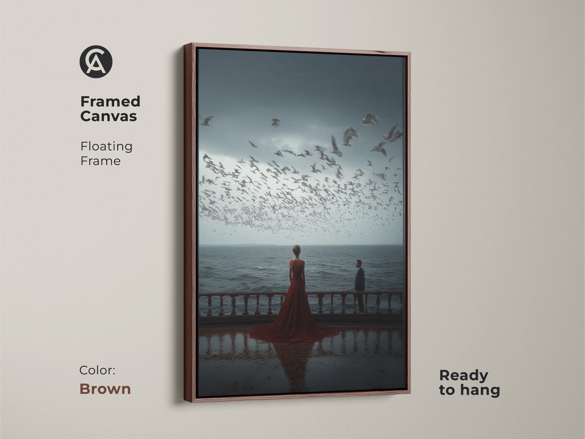 A brown framed canvas displays couple art ready to hang. The floating frame complements the coastal artwork. This romantic anniversary gift shows a couple viewing seagulls. It's ideal for home decor. The surreal cinematic canvas print adds warmth to any living space.
