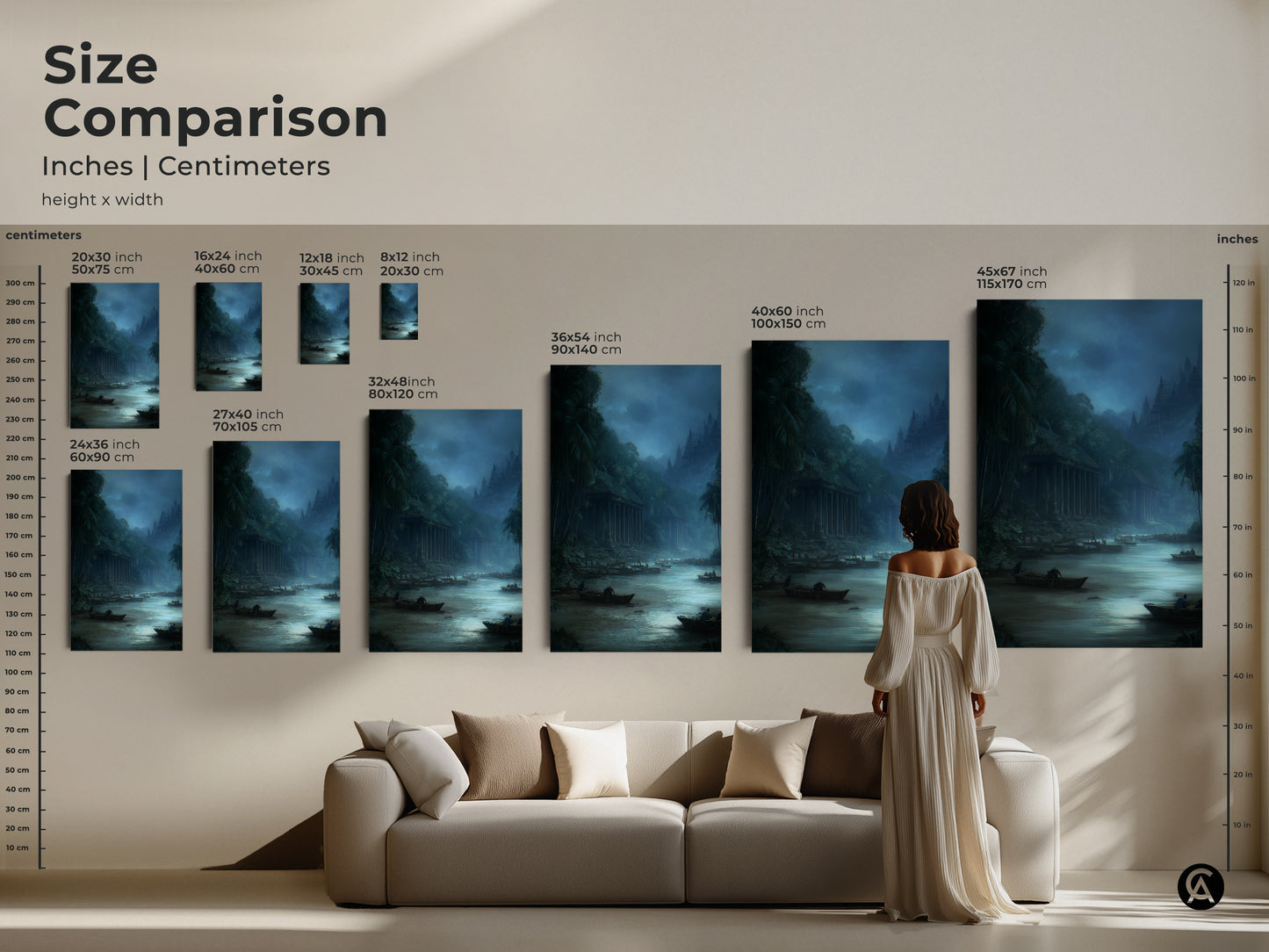 Size comparison of a traditional river scene canvas print in inches and centimeters. See how the misty grey landscape art fits above a sofa. This deep blue boats artwork is perfect for residential wall art.