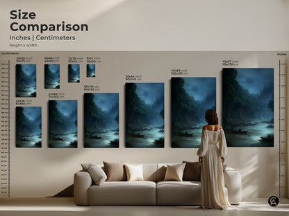 Size comparison of a traditional river scene canvas print in inches and centimeters. See how the misty grey landscape art fits above a sofa. This deep blue boats artwork is perfect for residential wall art.