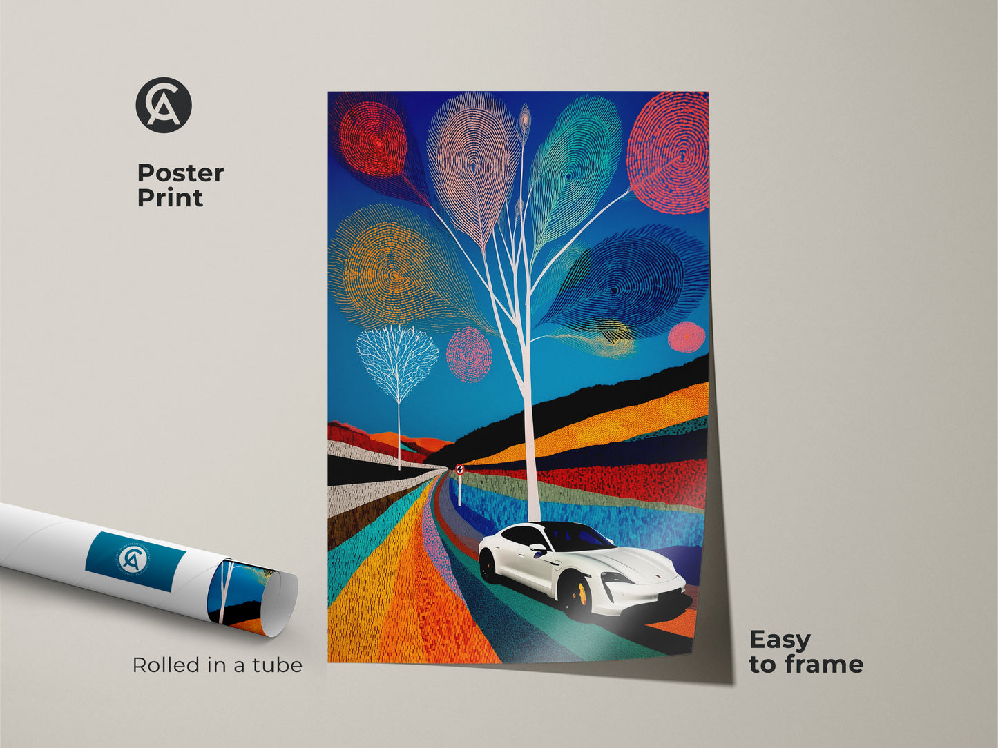 Poster print of an electric car on a colorful road trip. The abstract art is easy to frame. Blue teal and orange contemporary wall art adds a vibrant touch to any room. A great automotive art gift idea.