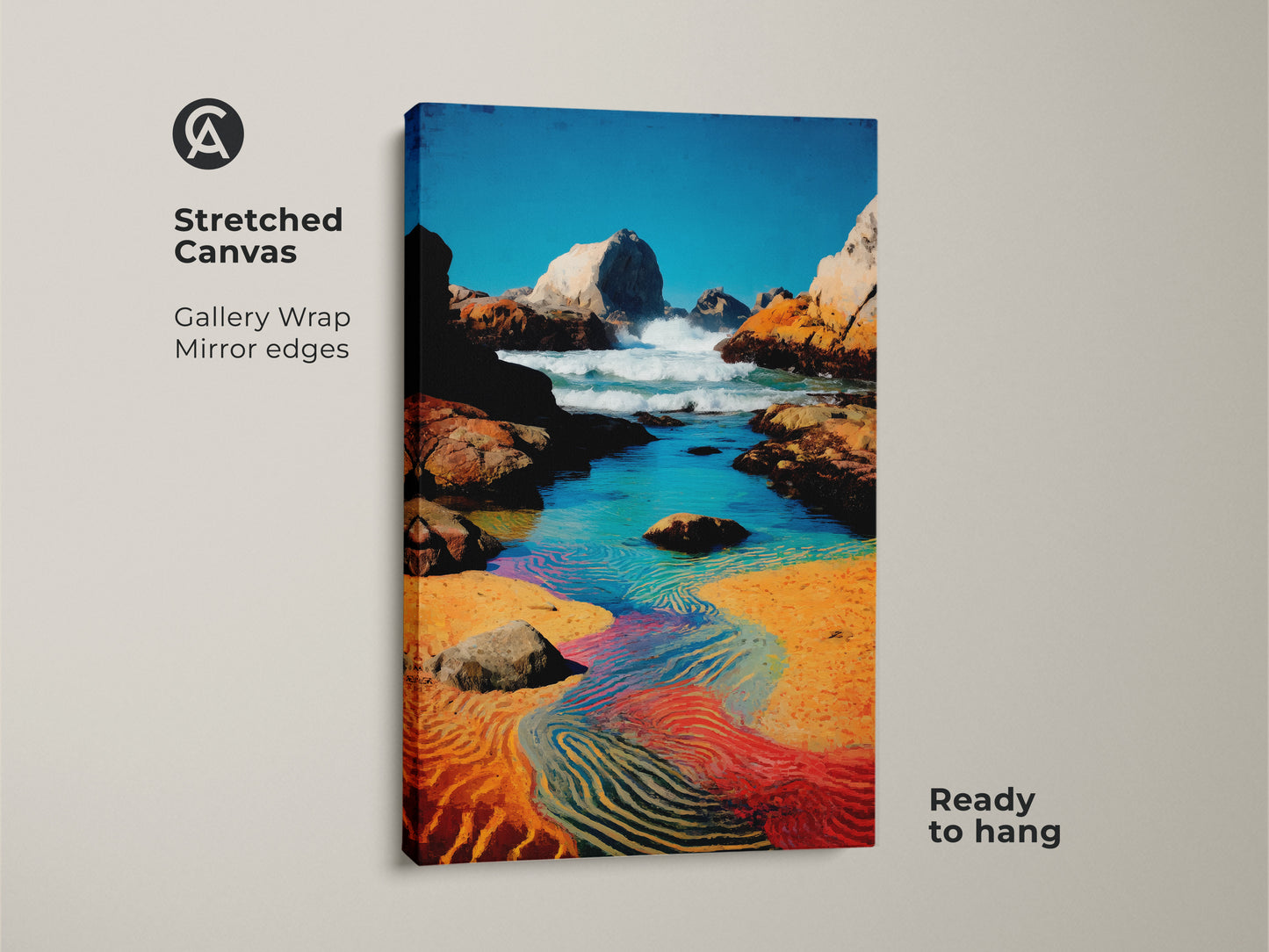 Stretched canvas ocean wave artwork. Gallery wrap with mirror edges. It's a ready to hang coastal landscape print. Showcases blue aqua orange colors for beach house wall decor.