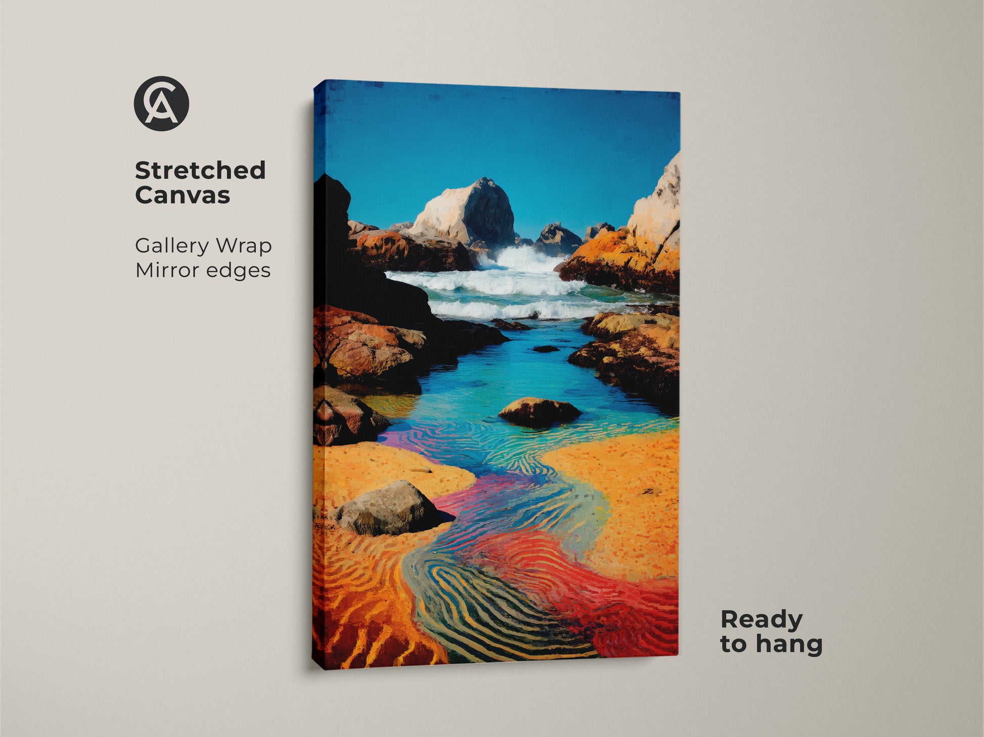 Stretched canvas ocean wave artwork. Gallery wrap with mirror edges. It's a ready to hang coastal landscape print. Showcases blue aqua orange colors for beach house wall decor.
