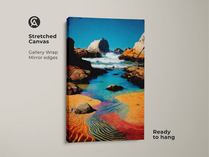 Stretched canvas ocean wave artwork. Gallery wrap with mirror edges. It's a ready to hang coastal landscape print. Showcases blue aqua orange colors for beach house wall decor.
