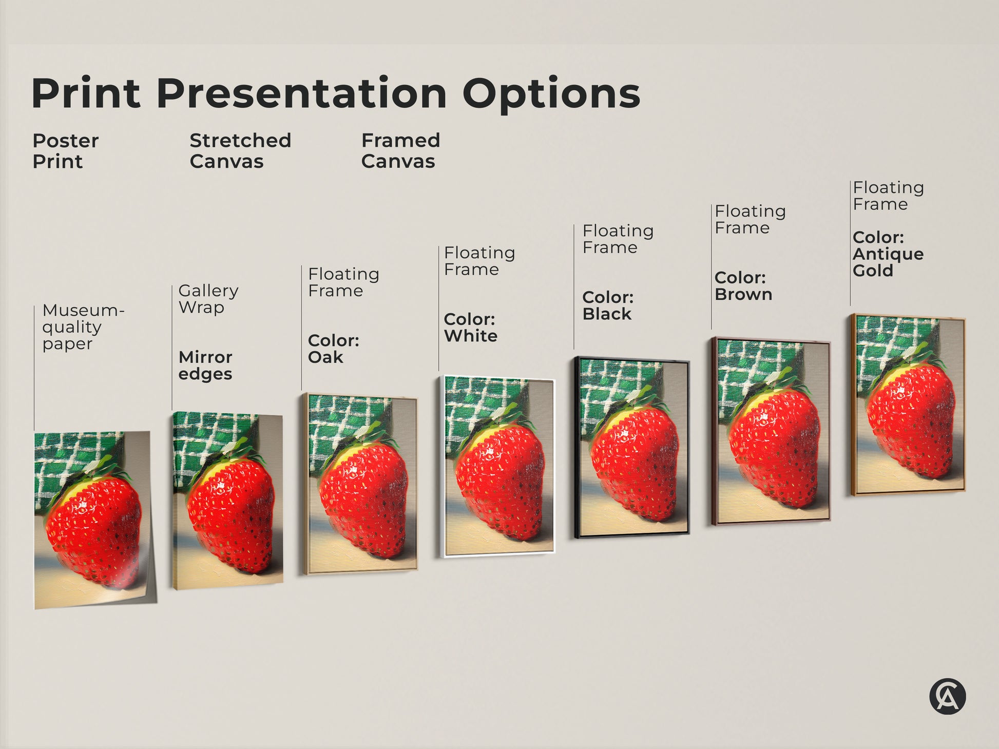 Explore print presentation options. See a poster print on museum-quality paper. Discover the stretched canvas with gallery wrap and mirror edges. There are framed canvas options. You can select black brown antique gold or white.