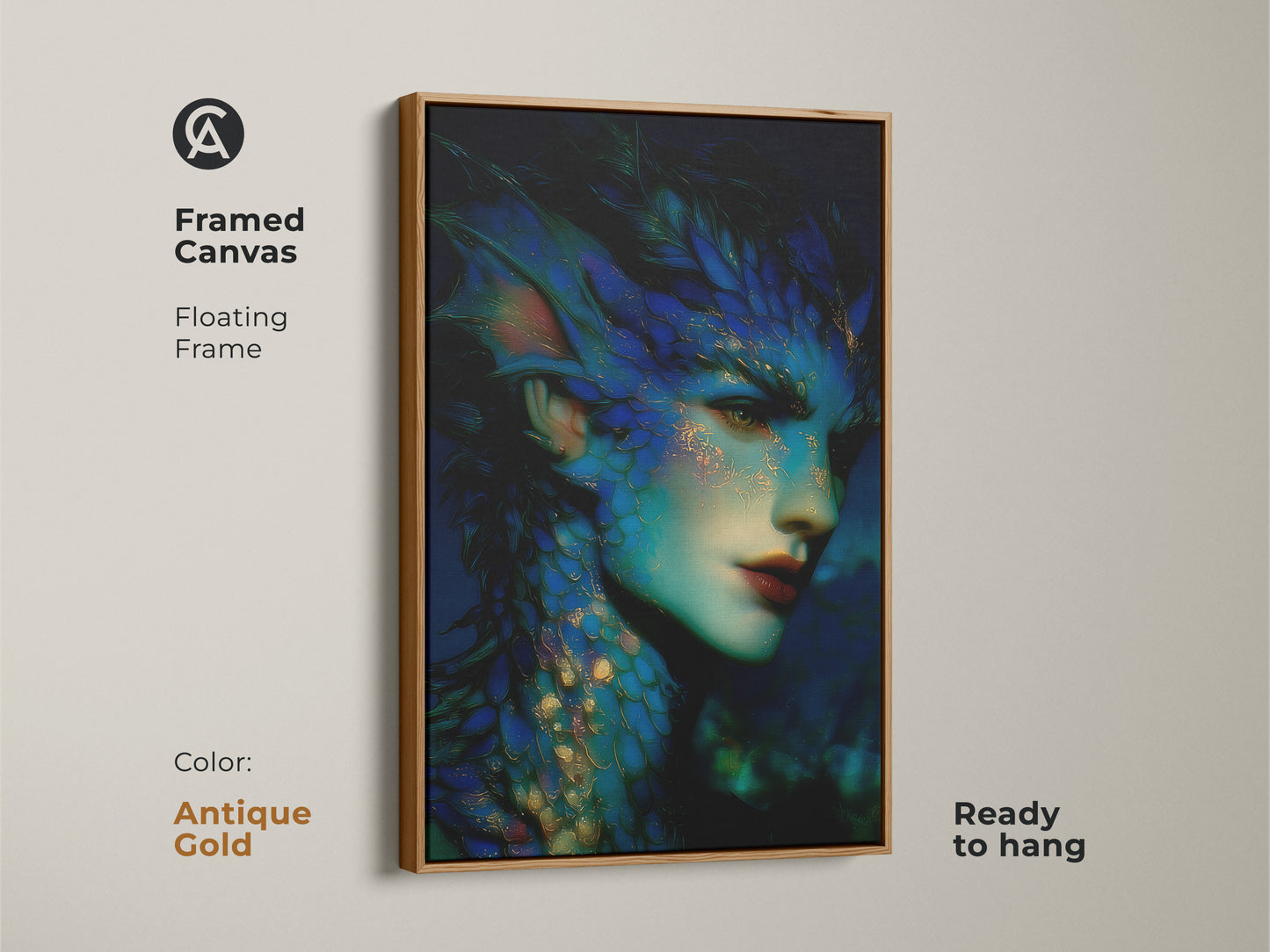 Antique gold framed canvas of a dark fantasy mermaid portrait. The teal and gold artwork captures a mythological sea creature. This surreal art is ready to hang. An ideal eclectic gift for fantasy fans seeking unique wall decor.