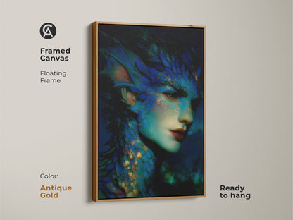 Antique gold framed canvas of a dark fantasy mermaid portrait. The teal and gold artwork captures a mythological sea creature. This surreal art is ready to hang. An ideal eclectic gift for fantasy fans seeking unique wall decor.