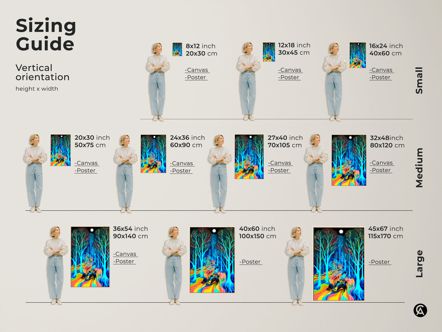 Sizing guide for vertical neon rainbow Formula 1 car art prints. This surreal psychedelic forest artwork is available in canvas and poster formats in small medium and large sizes to fit any space.