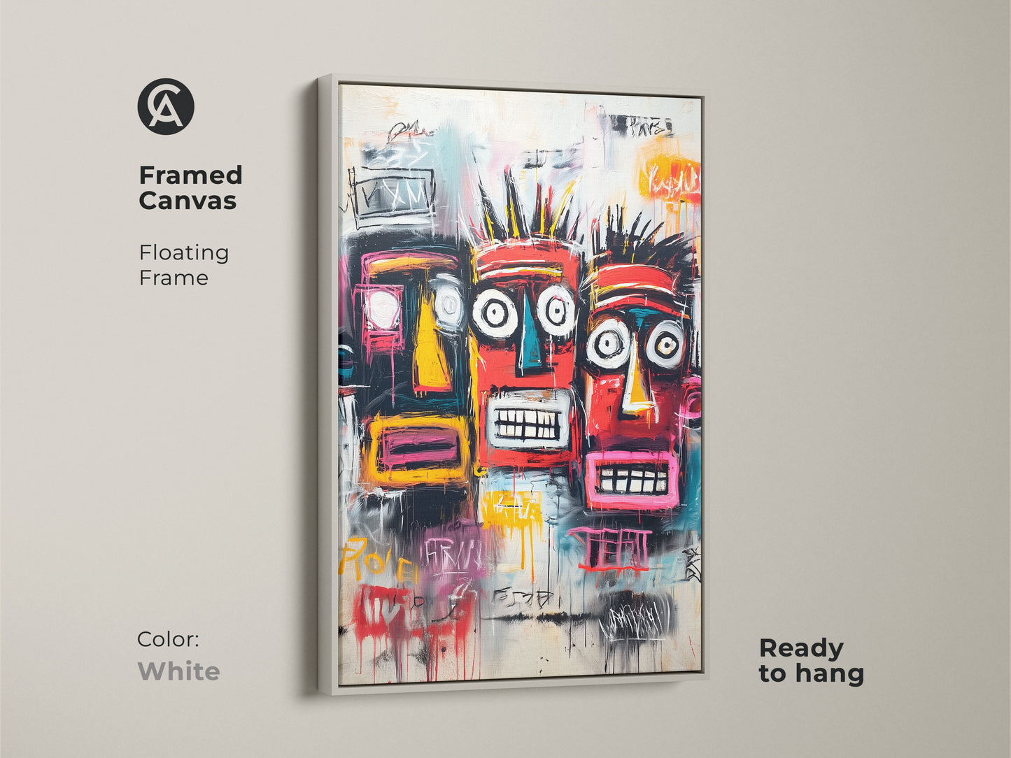 Framed canvas art featuring three colorful tribal faces. The white floating frame offers a clean modern look. Ready to hang and enjoy. Elevate your home decor with this striking artwork.