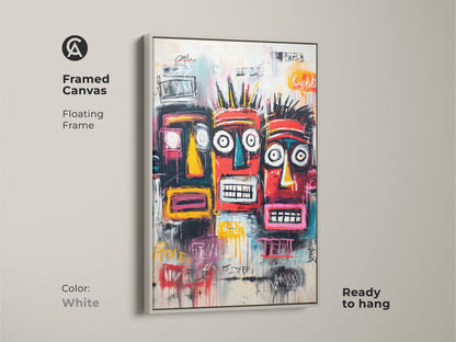 Framed canvas art featuring three colorful tribal faces. The white floating frame offers a clean modern look. Ready to hang and enjoy. Elevate your home decor with this striking artwork.