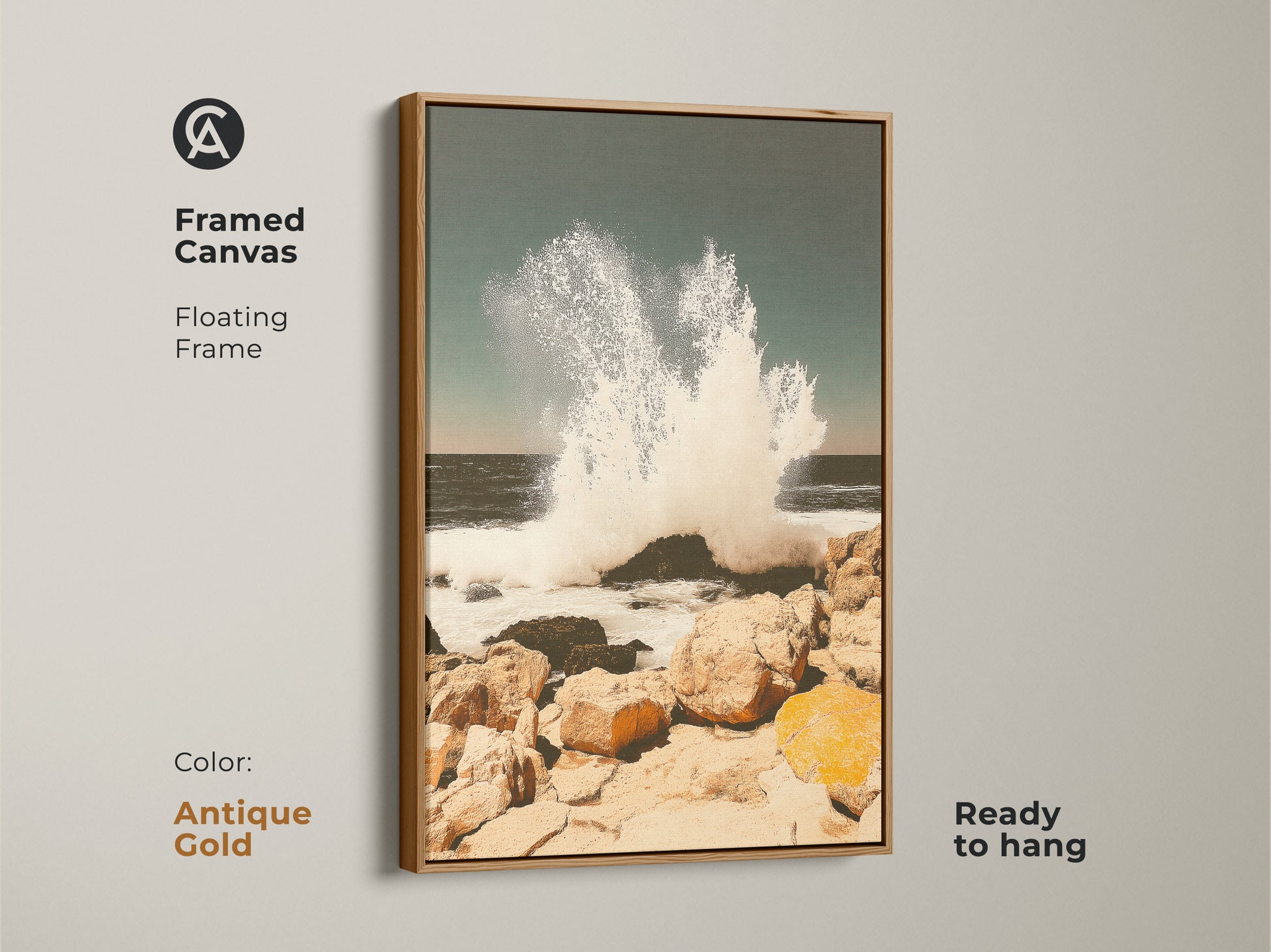 Framed canvas with white frame showing teal ocean wave art. Coastal seascape wall art print captures a crashing wave on a rocky shore. Ready to hang beach house canvas art adds coastal living charm providing the ocean's energy to any room.