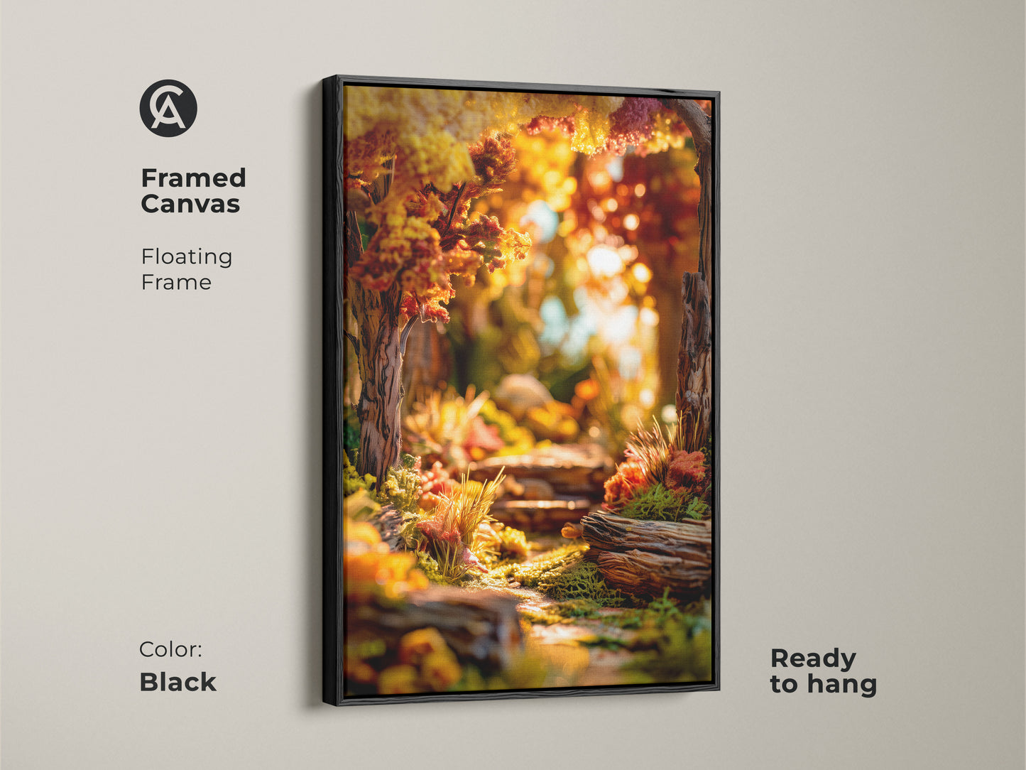 Framed canvas art print of a forest path. The floating frame is black. This autumn landscape artwork is ready to hang. This wall decor adds a touch of nature to your home.