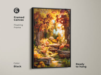 Framed canvas art print of a forest path. The floating frame is black. This autumn landscape artwork is ready to hang. This wall decor adds a touch of nature to your home.