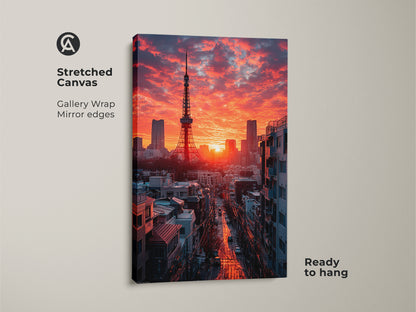 This Stretched Canvas showcases the iconic Tokyo Tower. It stands tall under a crimson orange cityscape. This urban photography art is ready to hang. This Japan travel print captures the skyscraper skyline. Ideal contemporary home decor.