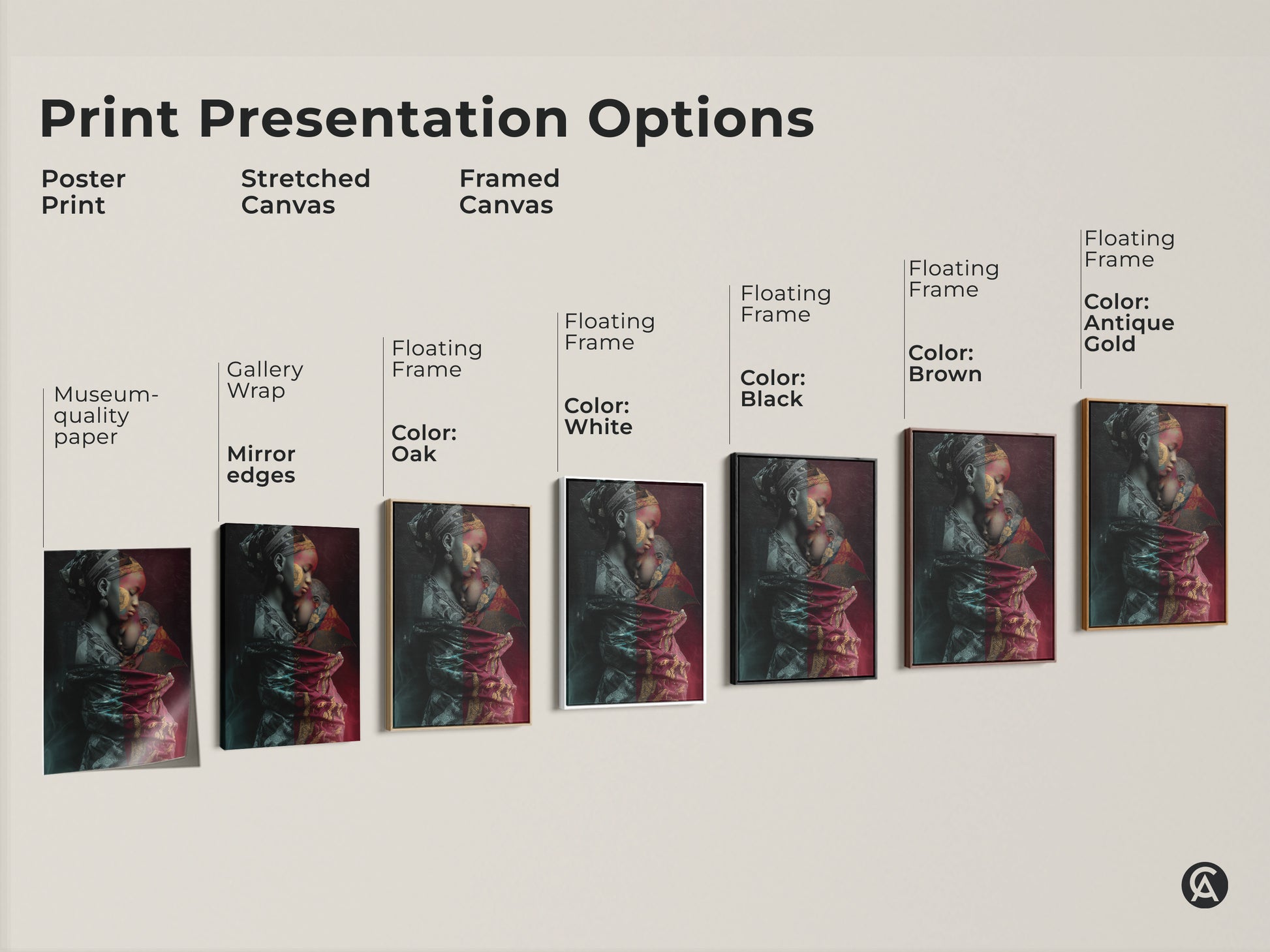 Explore our print presentation options featuring an African mother and child canvas. Choose from poster stretched or framed canvas. Select from gallery wrap museum quality paper or floating frames. Available in black brown oak white and antique gold. Find the perfect finish for this tribal fusion artwork.