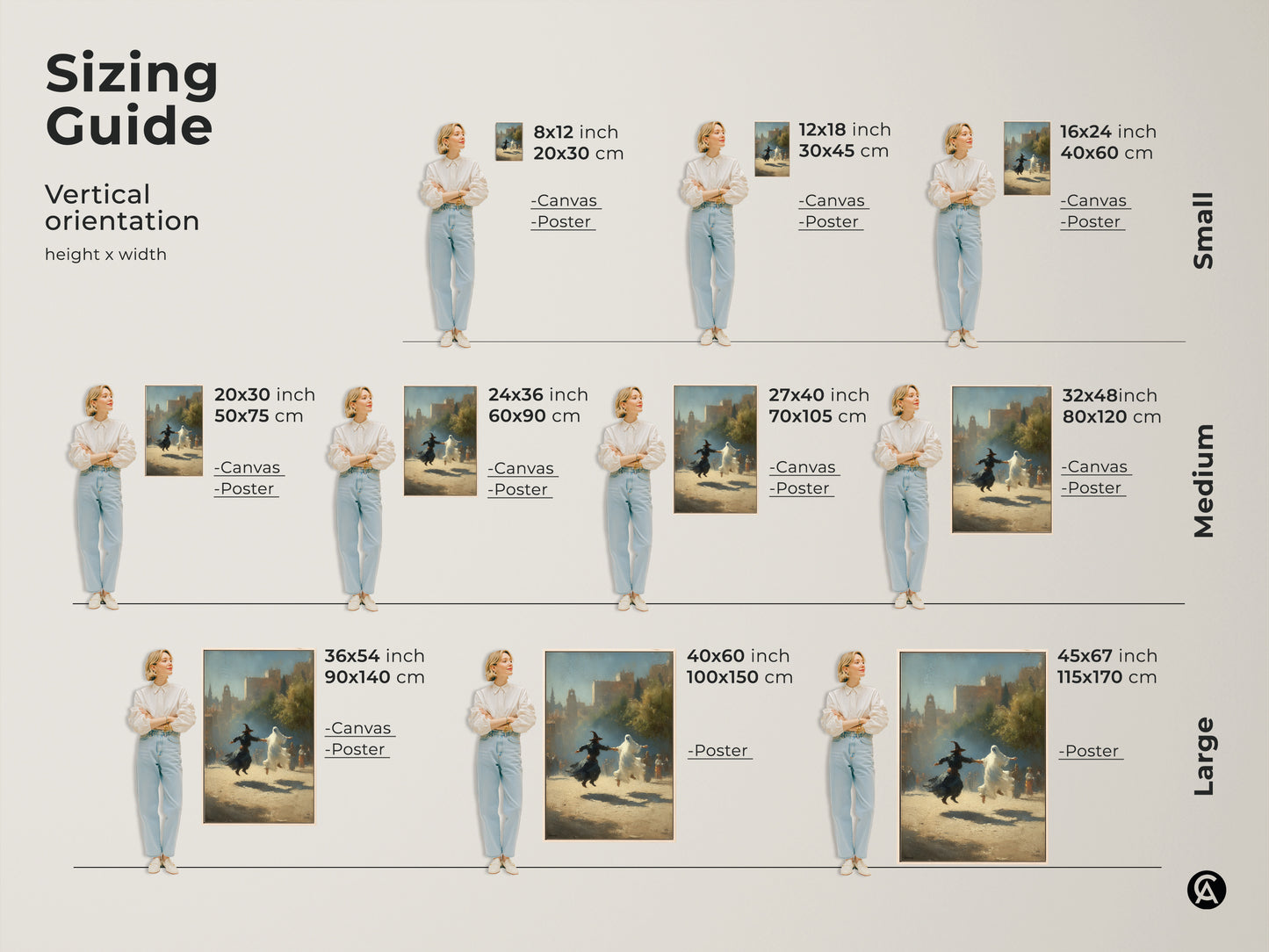 Sizing guide for gothic witch and ghost dance art prints. Vertical orientation options in small medium and large. Available as canvas or poster. Perfect Halloween fantasy wall art in classical realism style. Sepia tone earth tone wall decor for any eclectic home.