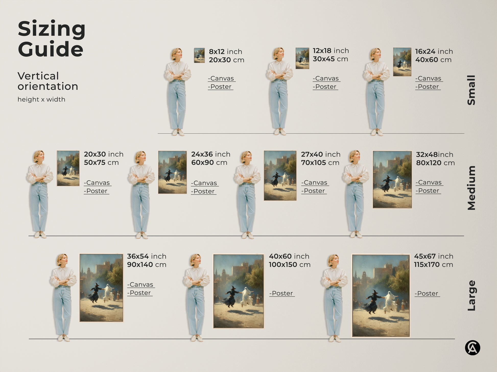 Sizing guide for gothic witch and ghost dance art prints. Vertical orientation options in small medium and large. Available as canvas or poster. Perfect Halloween fantasy wall art in classical realism style. Sepia tone earth tone wall decor for any eclectic home.