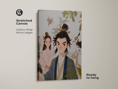 Stretched canvas art featuring a traditional Chinese couple. This couple art print wall decor is an anniversary gift for a married couple. Beige blue green wall art adds eclectic home decor art. Ready to hang.