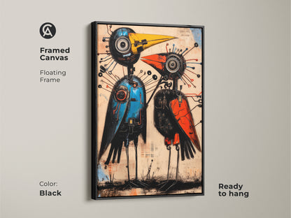 Abstract mechanical bird art canvas in a brown floating frame. This steampunk robot art adds an eclectic touch to any room. The orange and blue palette makes it a striking piece of wall decor. A great gift for gadget and art enthusiasts alike. Ready to hang.