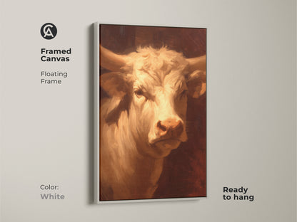 A framed canvas featuring a stunning bull. The artwork has a floating white frame and is ready to hang. The canvas will elevate your home decor. This unique artwork is perfect for any room. Order today!