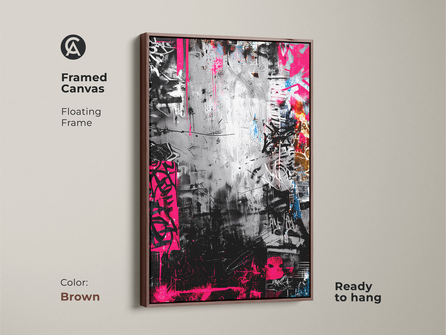 Framed canvas with a floating frame showcasing graffiti artwork in a brown frame. The monochrome art is accented by bold pink. Ready to hang adding a touch of urban sophistication to any room.