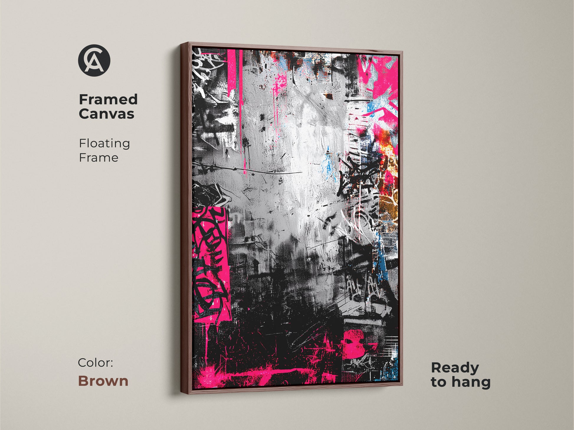 Framed canvas with a floating frame showcasing graffiti artwork in a brown frame. The monochrome art is accented by bold pink. Ready to hang adding a touch of urban sophistication to any room.