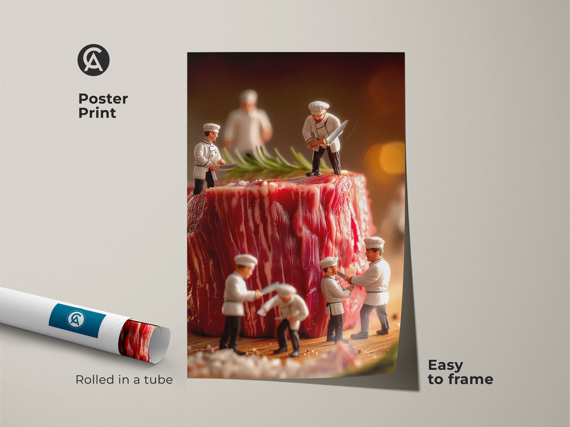 Poster print of a whimsical food art concept. The artwork shows miniature chefs preparing a giant steak. This museum-quality paper print arrives rolled in a tube making it easy to frame. Great for adding a touch of culinary fun to your space.