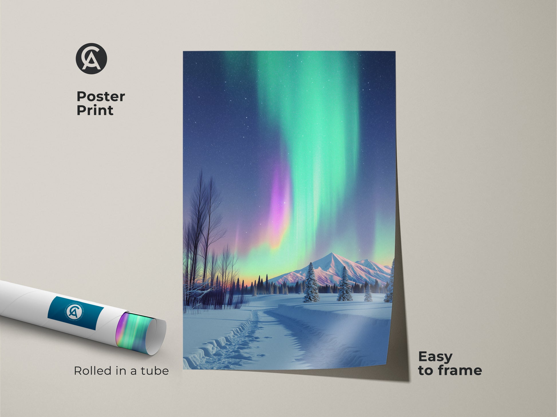 Poster print of the Aurora Borealis rolled in a tube easy to frame. Northern Lights artwork captures a winter landscape with mountains. The green and purple sky brings a magical touch. Ideal for nature enthusiasts seeking unique wall art. This is a serene mountain view.