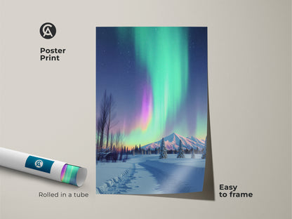 Poster print of the Aurora Borealis rolled in a tube easy to frame. Northern Lights artwork captures a winter landscape with mountains. The green and purple sky brings a magical touch. Ideal for nature enthusiasts seeking unique wall art. This is a serene mountain view.