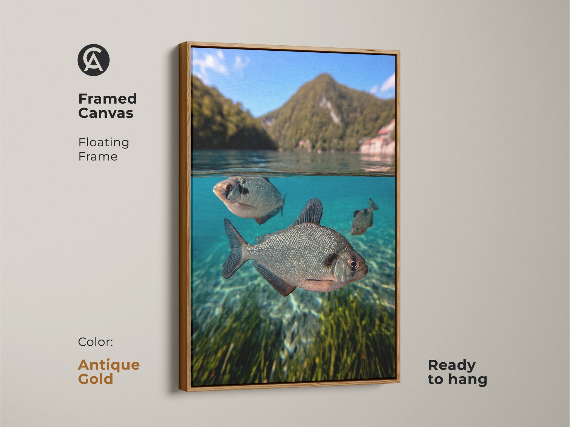 Antique Gold Framed Canvas with underwater fish art. It shows a lake scene wall art print. Coastal nature meets blue green animal artwork. This fishing gift is ready to hang. Perfect for angler present art.
