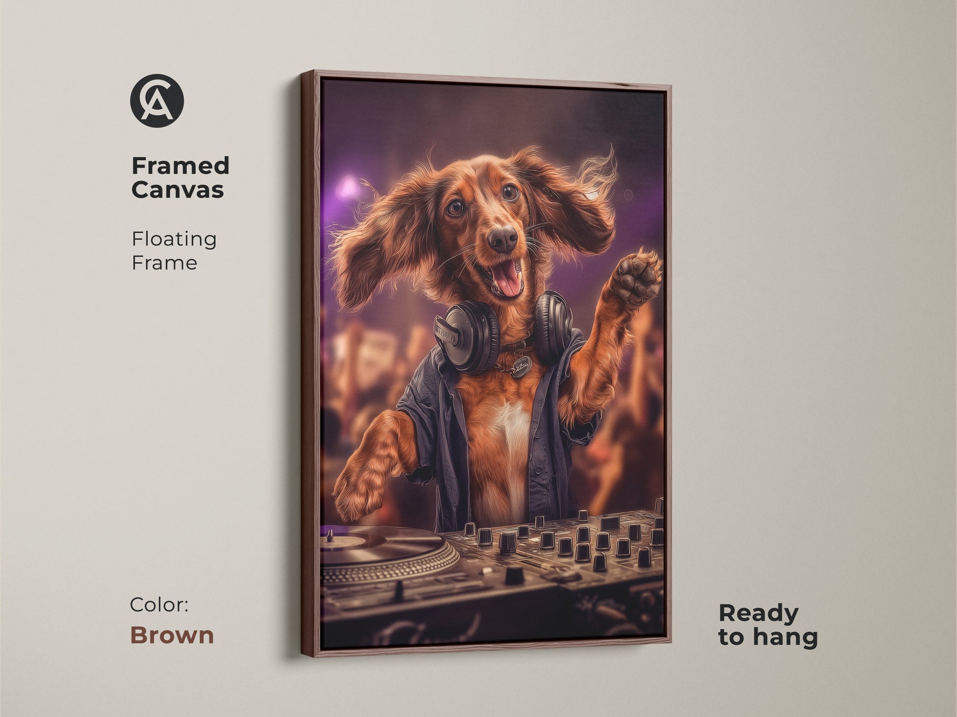 The Dachshund DJ is showcased in a brown framed canvas. The floating frame complements the eclectic artwork. The brown dog is wearing headphones. He is DJing with purple lighting in the background. This is a unique gift for music lovers and dog owners. It enhances any room.