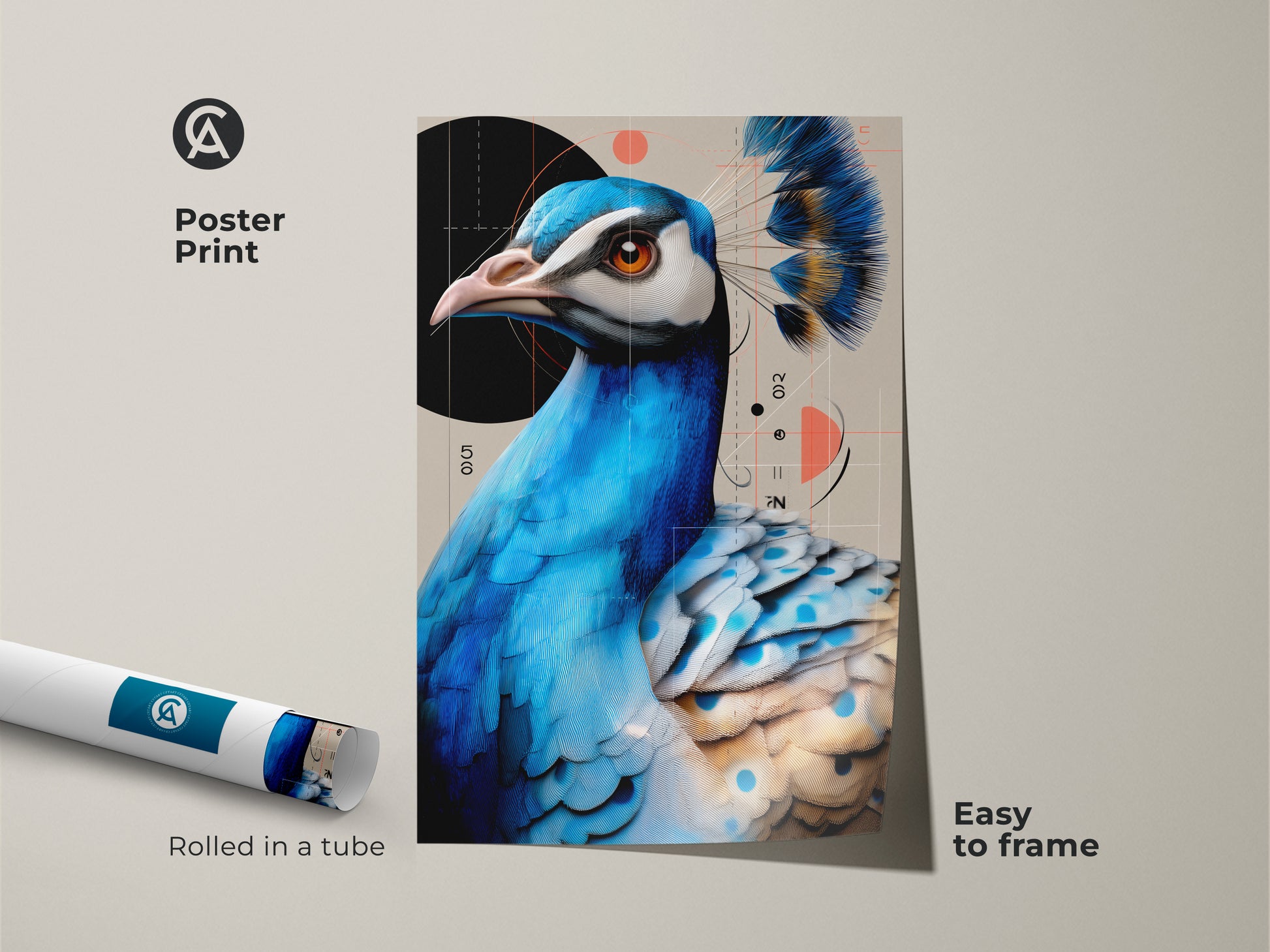 Poster print showcasing a blue teal peacock. This modern geometric bird art is easy to frame. Rolled in a tube for protection. Perfect housewarming gift for the animal lover.