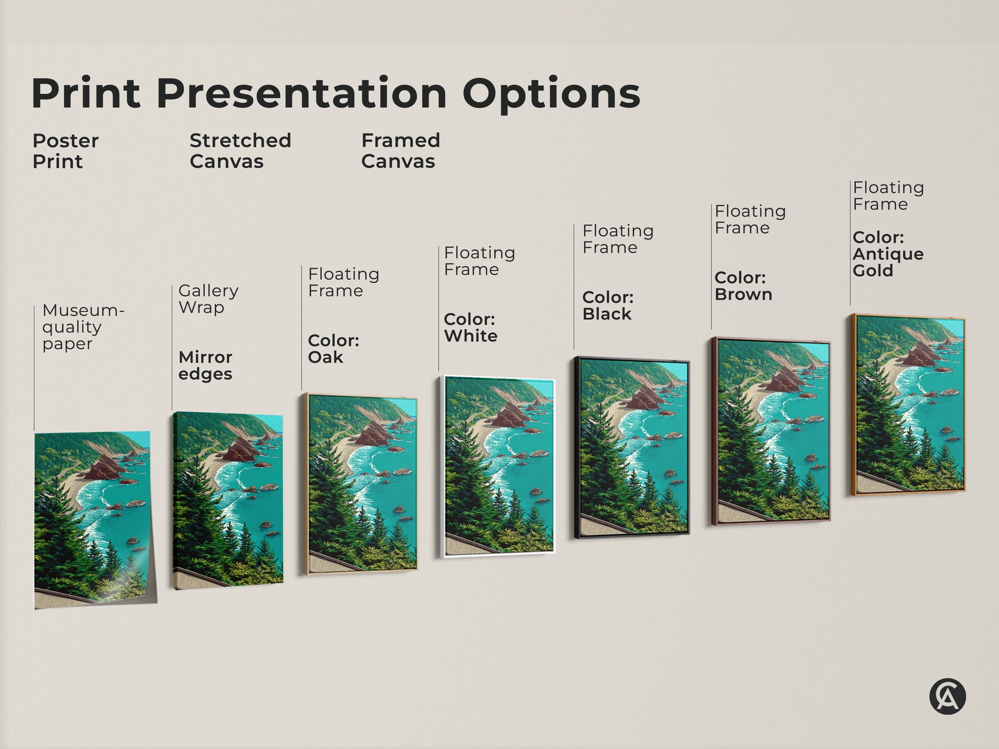 Explore print presentation options for coastal landscape art. Choose from poster prints stretched canvas and framed canvas. Each option features ocean beach artwork with a rocky shoreline and teal blue green nature decor. Find the perfect seaside nature art print to complement your coastal home decor or as a thoughtful housewarming present for beach lovers.