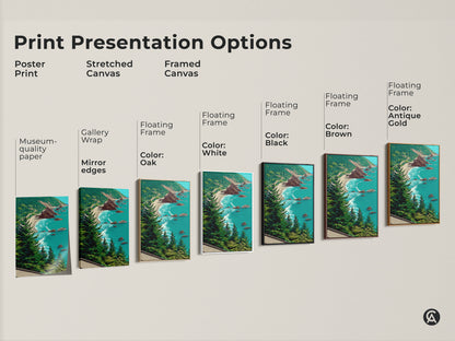 Explore print presentation options for coastal landscape art. Choose from poster prints stretched canvas and framed canvas. Each option features ocean beach artwork with a rocky shoreline and teal blue green nature decor. Find the perfect seaside nature art print to complement your coastal home decor or as a thoughtful housewarming present for beach lovers.