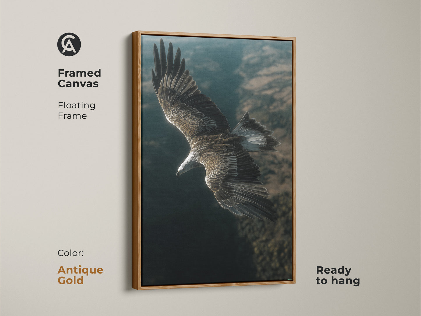 Framed canvas artwork of an eagle in flight. Antique gold floating frame adds a touch of elegance. Ready to hang and display. This realistic bird of prey print is stunning nature wall decor. A fine art bird painting.