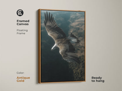 Framed canvas artwork of an eagle in flight. Antique gold floating frame adds a touch of elegance. Ready to hang and display. This realistic bird of prey print is stunning nature wall decor. A fine art bird painting.