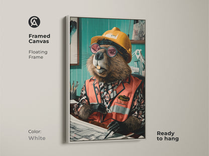 Framed canvas art of a beaver engineer with a white floating frame. A quirky office art print for engineers. Makes an excellent office gift for a colleague. The animal in office art is a unique and memorable gift.