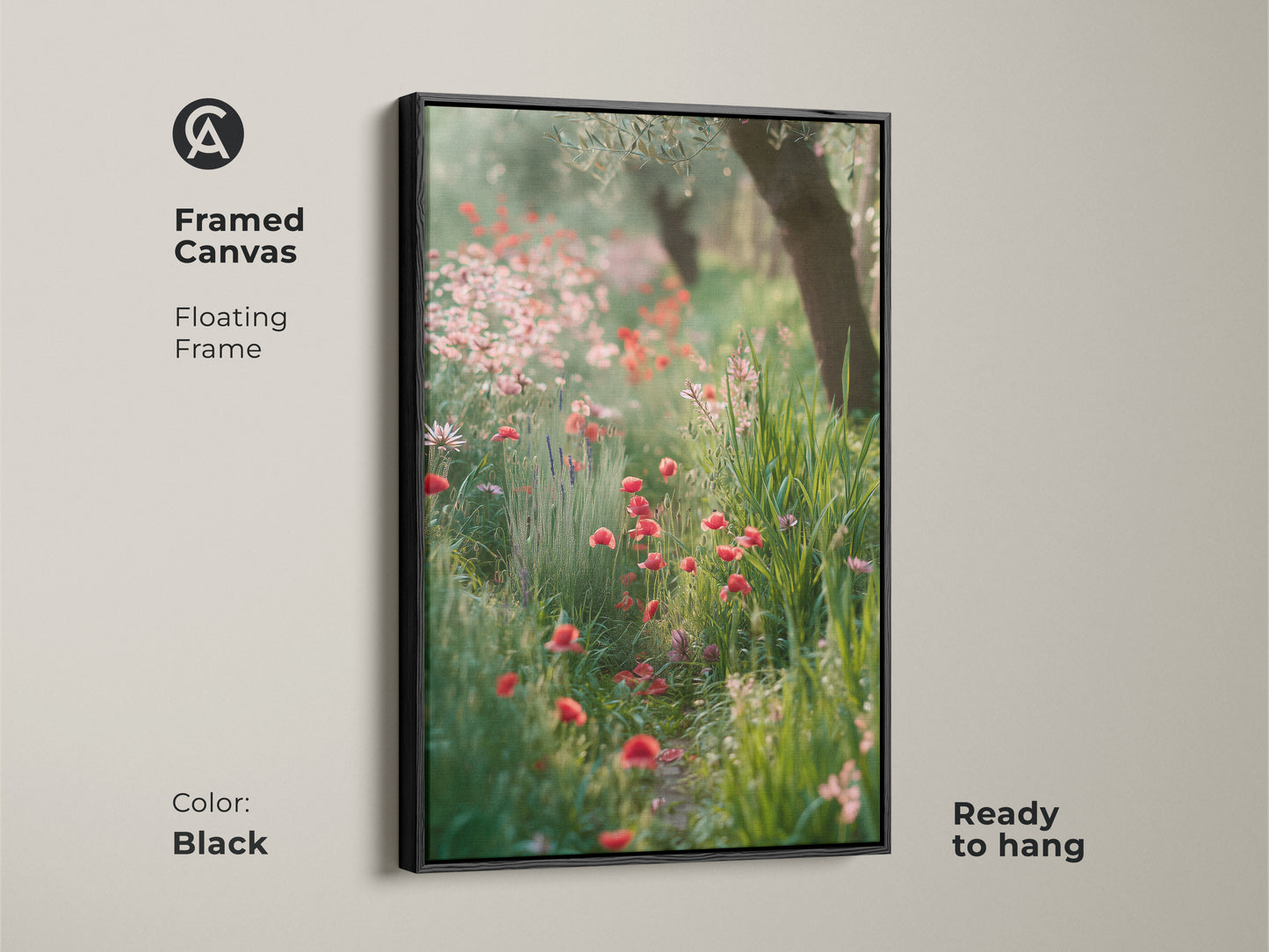 Framed canvas in black features red poppy art. Floating frame adds a touch of elegance to this wildflower garden. Boho botanical wall art is ready to hang. Impressionistic floral art enhances bedroom decor. Perfect housewarming gift art for plant moms. Vibrant poppy artwork.