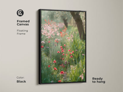 Framed canvas in black features red poppy art. Floating frame adds a touch of elegance to this wildflower garden. Boho botanical wall art is ready to hang. Impressionistic floral art enhances bedroom decor. Perfect housewarming gift art for plant moms. Vibrant poppy artwork.