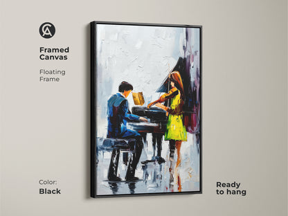 Framed Canvas with black floating frame of impressionist piano art with violinist. This blue green music art features contemporary figures. It's ready to hang. A perfect gift for music lovers who are seeking modern musical artwork. The abstract musical painting is performance art.