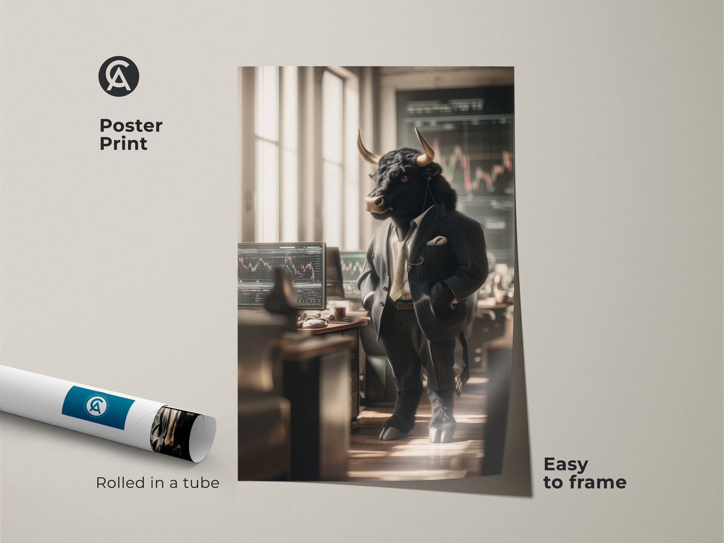 A poster print displays a bull in a suit standing in front of trading screens. The art comes rolled in a tube ensuring safe delivery. Easy to frame this poster is a cost-effective art solution. Ideal for adding a touch of Wall Street to any space.