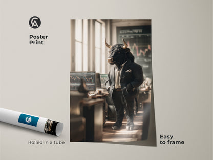 A poster print displays a bull in a suit standing in front of trading screens. The art comes rolled in a tube ensuring safe delivery. Easy to frame this poster is a cost-effective art solution. Ideal for adding a touch of Wall Street to any space.