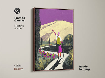 Framed canvas with a brown frame showcasing hiking art. The mountain landscape canvas print adds a rustic touch. This boho home decor art is perfect for an adventure seeker. A unique and ready-to-hang hiker gift.