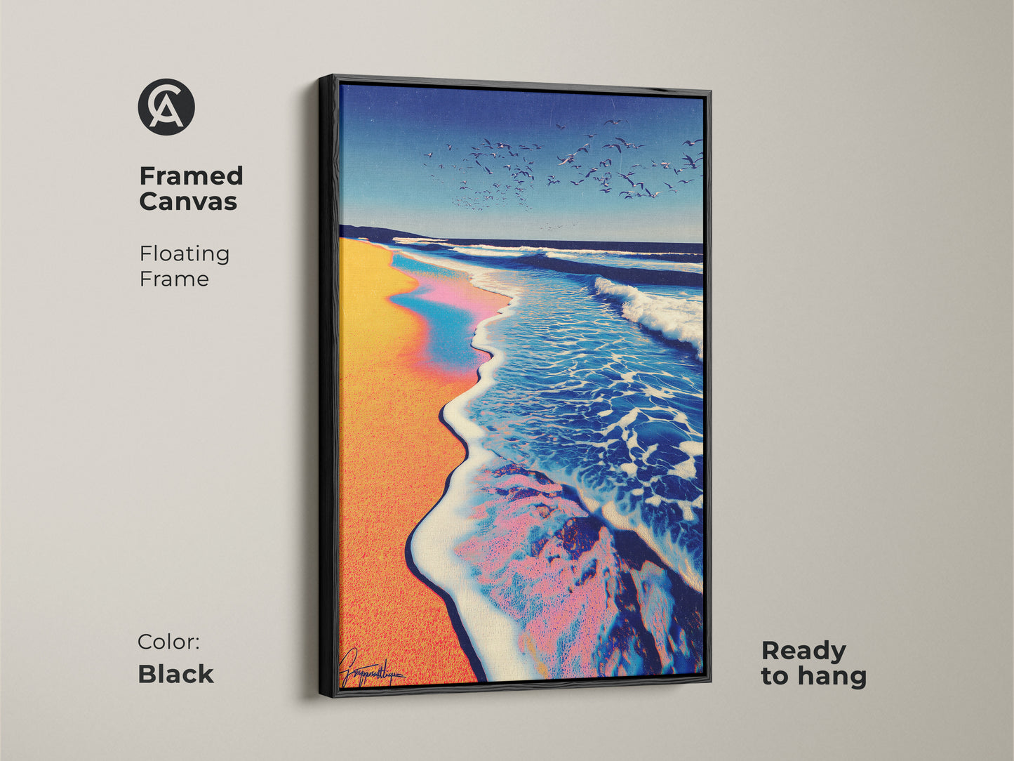 Framed canvas in a black floating frame showcasing an abstract sunset ocean wave. Coastal artwork brings a touch of modern style. Ready to hang art features teal blue orange hues and seagulls in the sky. Perfect focal point for living rooms offices or bedrooms.