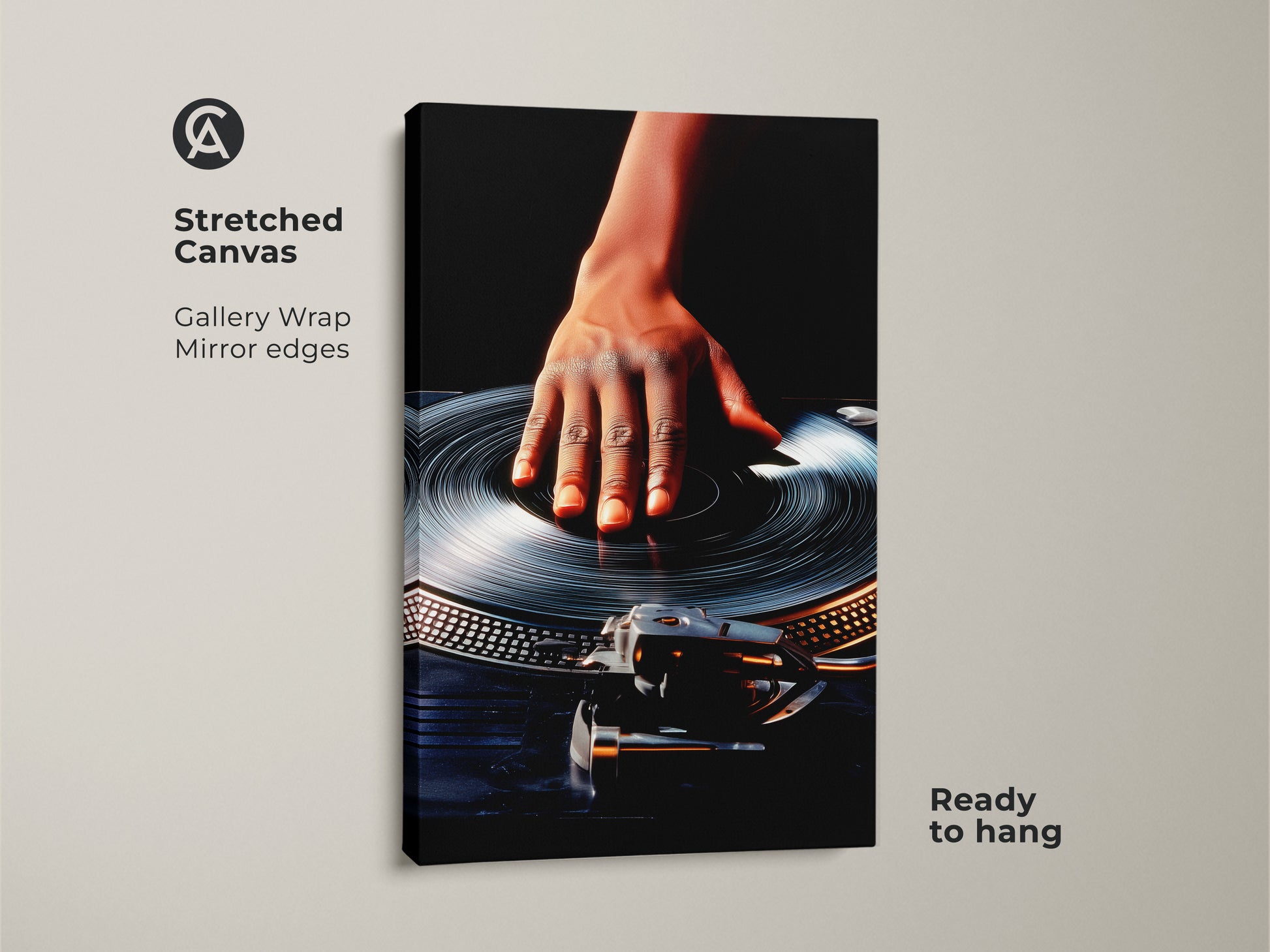 Stretched canvas art print showcasing a DJ hand on a turntable. Gallery wrap with mirror edges create a modern look. Ready to hang this music wall art is ideal for industrial loft decor. The close-up of the retro turntable brings DJ culture to life. Orange and black artwork perfect for music lovers.