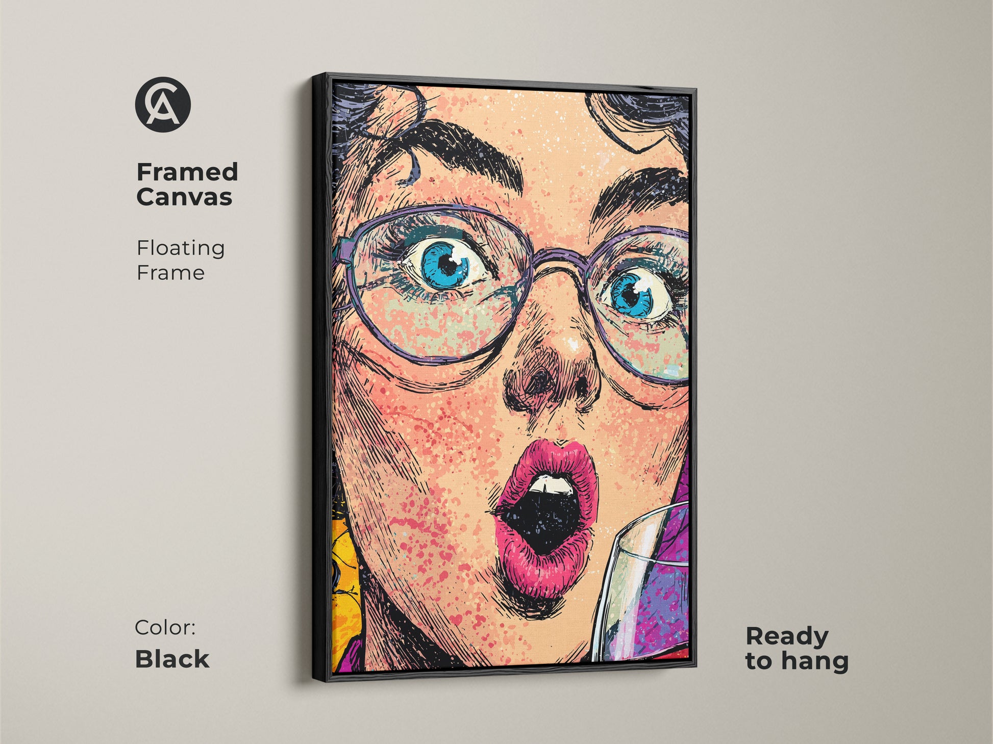 A framed canvas of a pop artwork woman with a floating black frame. The art piece is ready to hang. It adds a modern touch to any room decor. The artwork features a wine glass. It's a unique and expressive portrait canvas for office or home.
